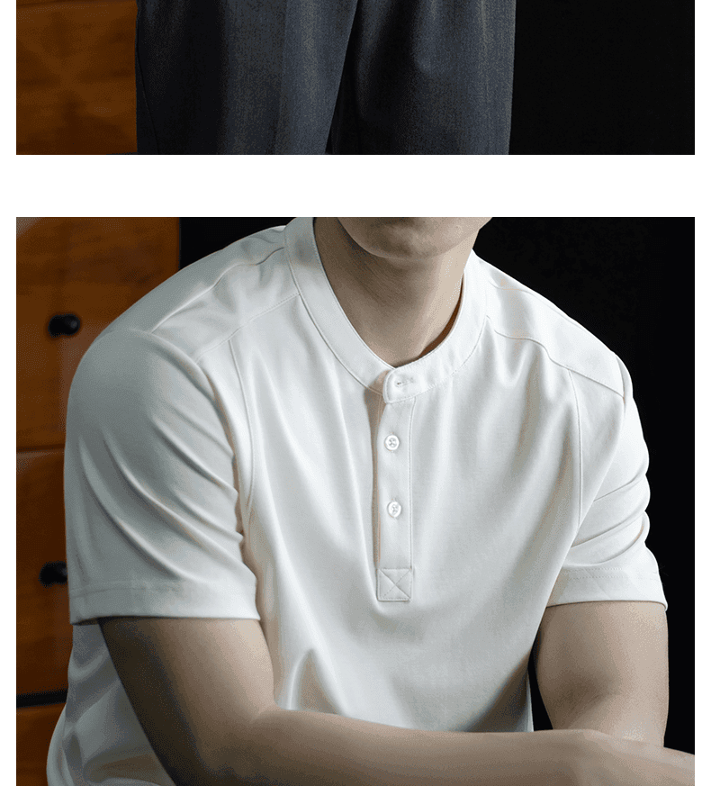 프로 피부 면 소재 질감 센스 오래된 돈 바람 헨리 칼라 반팔 T 남성 편안함 다용도 출퇴근 단색 맨위 여름 상세 이미지 21