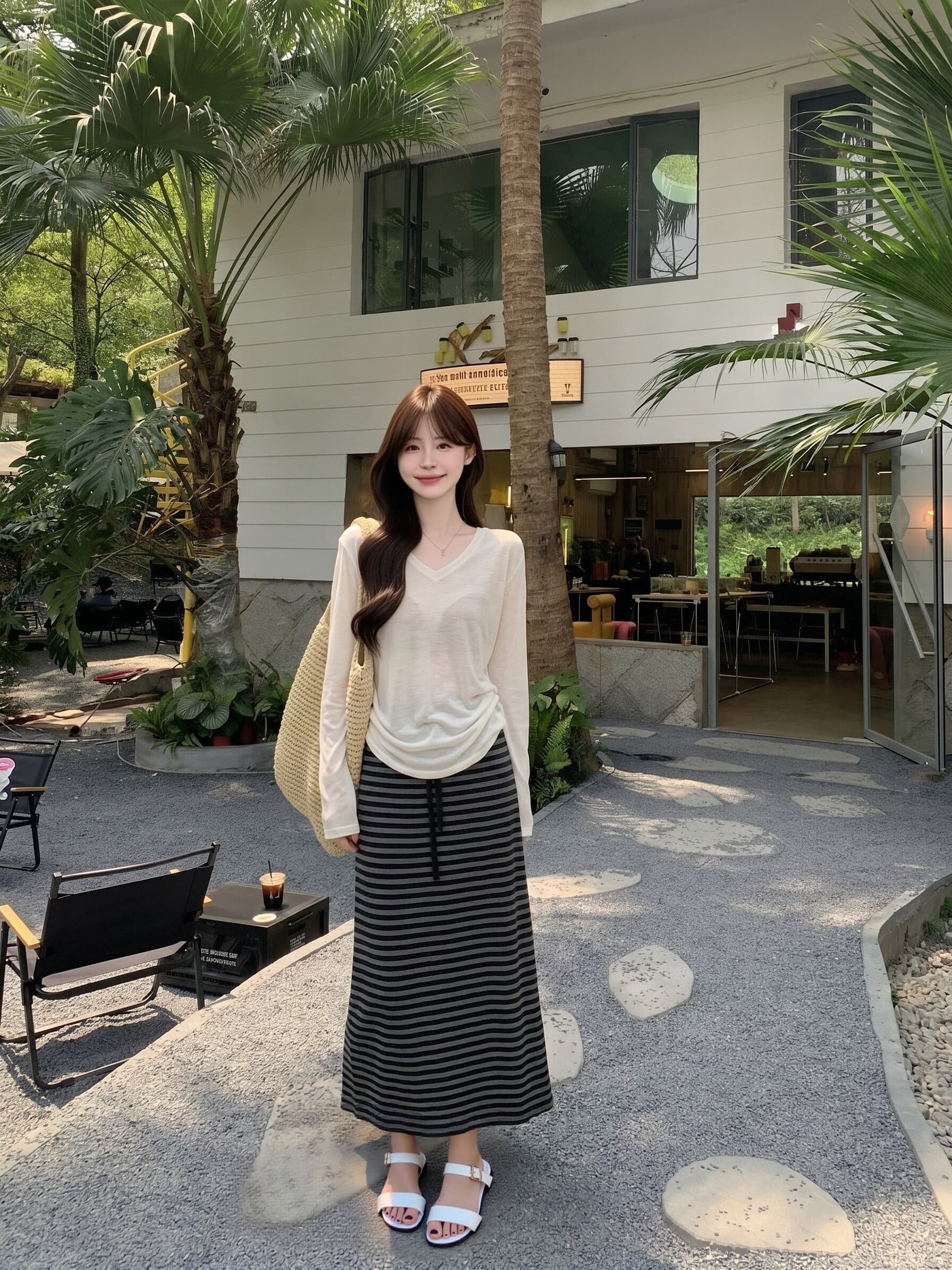 실사 정가 한국 스타일 캐주얼 스트라이프 반신 스커트 미니멀리즘 얇은 스타일 긴팔 티셔츠 투피스 슈트 여성 여름 트렌디