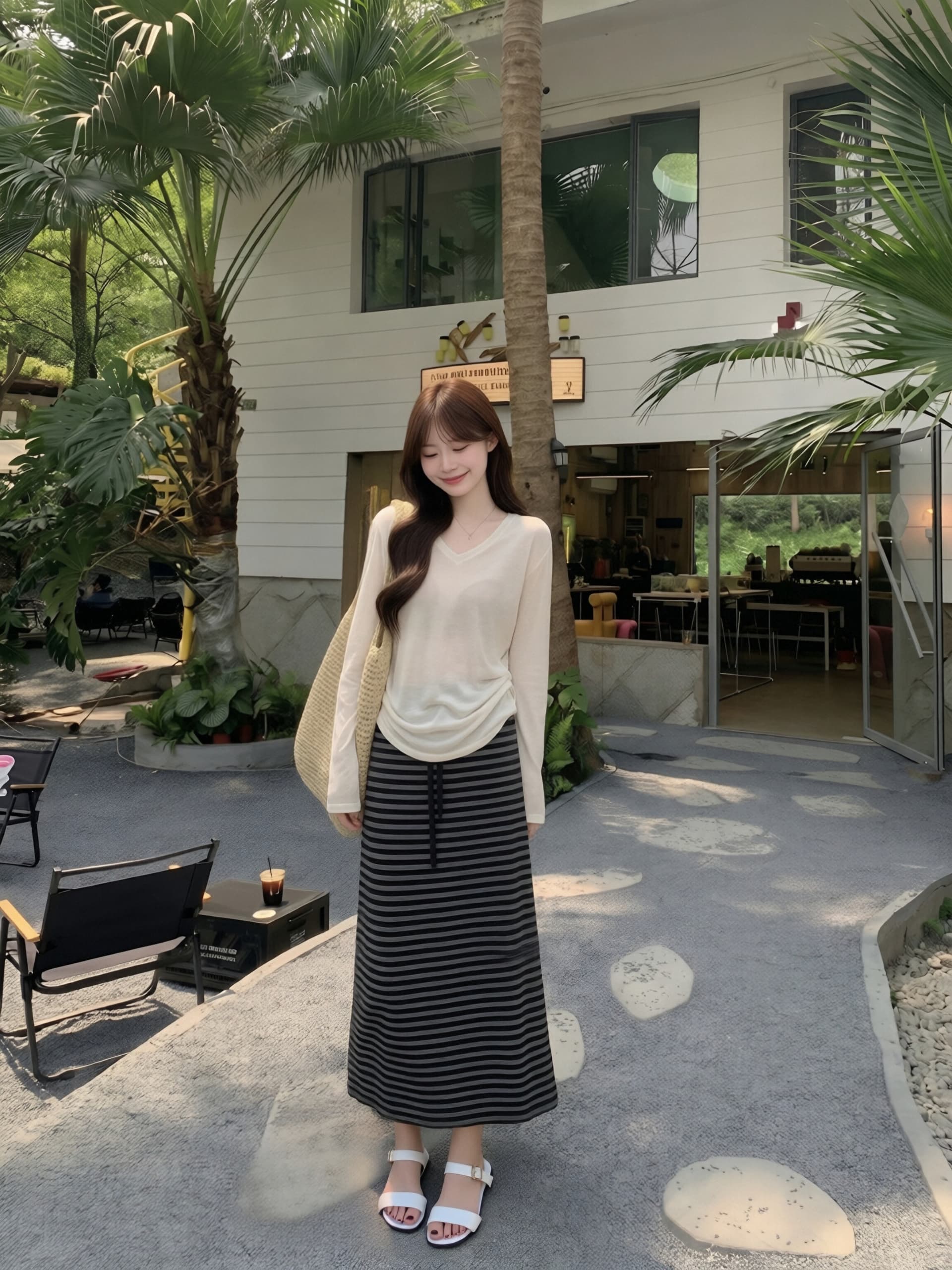 실사 정가 한국 스타일 캐주얼 스트라이프 반신 스커트 미니멀리즘 얇은 스타일 긴팔 티셔츠 투피스 슈트 여성 여름 트렌디 이미지 3