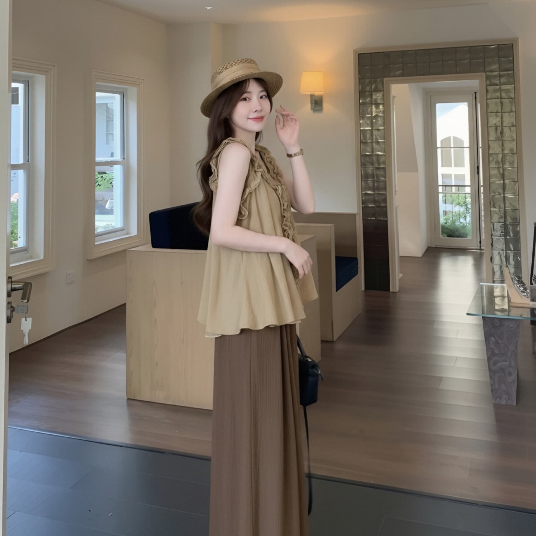 실사 정가 디자인 센스 연령 감소 프릴 민소매 맨위 와이드 레그 팬츠 두 조각 여성 세트 여름 슬림해 보이는 세트 이미지 5