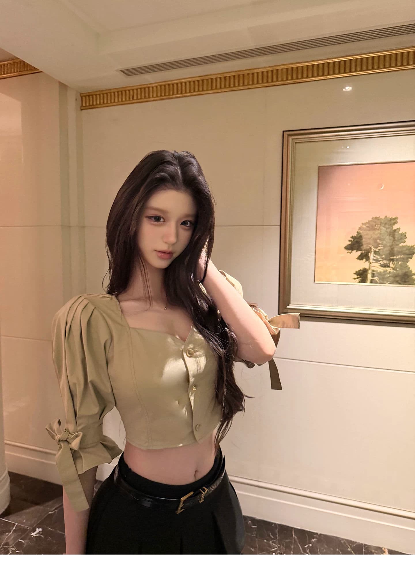 kubiliv 원 영어 미학 한 부서 거품 소매 셔츠 플리츠 반 스커트 미니 스커트 달콤한 매운맛 분위기 센스 세트 상세 이미지 4