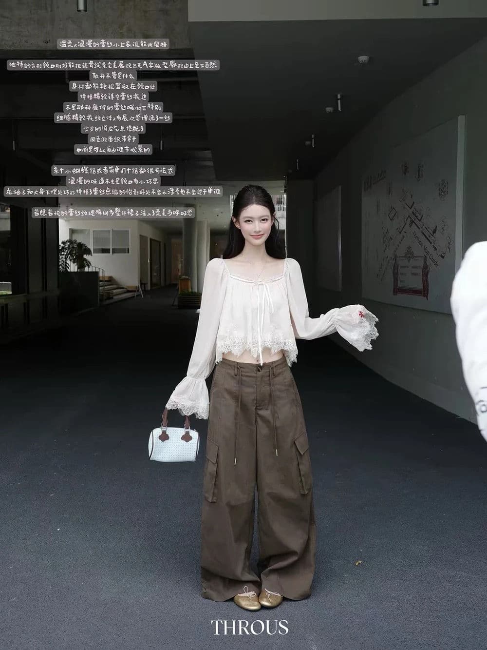 종 키우 휴가 레이스 측면 패치워크 광장 칼라 나팔 긴팔 시폰 셔츠 여성 가을 부드러운 쇼트 스타일 맨위 상세 이미지 2