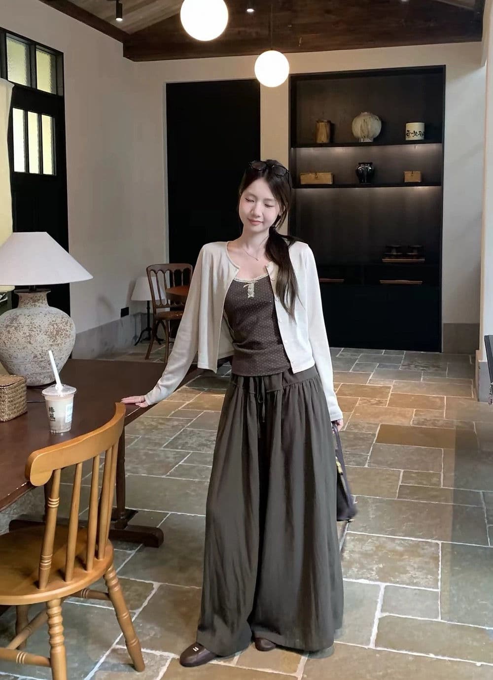 배색 레이스 도트 무늬 캐미솔 스트랩 다용도 오픈 가디건 펌프 로프 한 마디 넓은 다리 캐주얼 바지 3종 세트 이미지 2