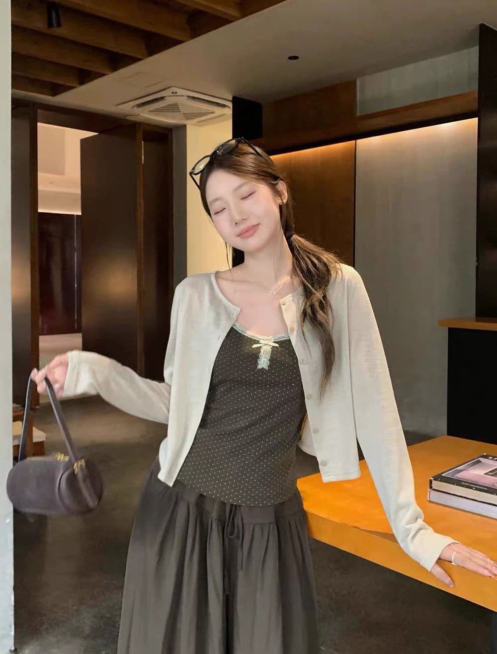 배색 레이스 도트 무늬 캐미솔 스트랩 다용도 오픈 가디건 펌프 로프 한 마디 넓은 다리 캐주얼 바지 3종 세트 이미지 3