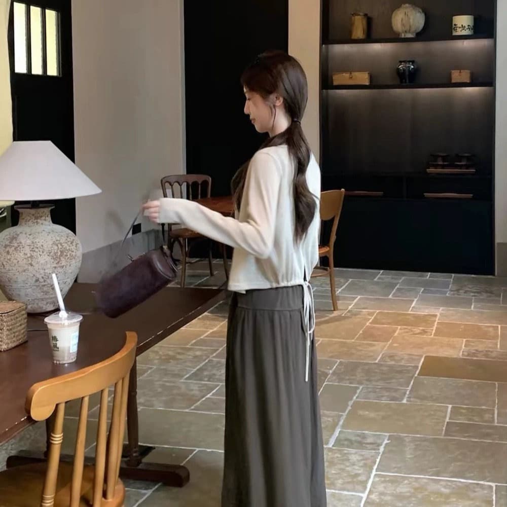 배색 레이스 도트 무늬 캐미솔 스트랩 다용도 오픈 가디건 펌프 로프 한 마디 넓은 다리 캐주얼 바지 3종 세트 이미지 5