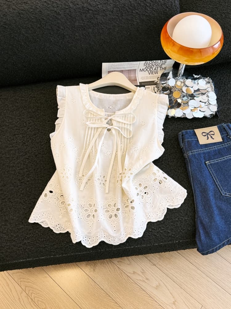 2026 프랑스식 고급 센스 홀로우 아웃 자수 작은 날다 소매 여성 셔츠 여름 목이버섯 레이스 몸매 가꾸기 다용도 아름다운 맨위 상세 이미지 3