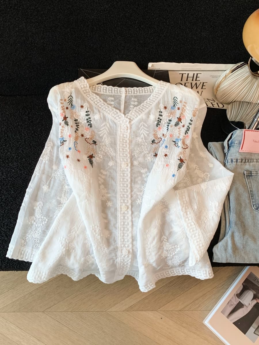 2026 여름 새로운 고급 센스 빛 럭셔리 캐주얼 다용도 색상 자수 자카드 면 소재 V넥 부서 버클 업 의류 여성 상세 이미지 23