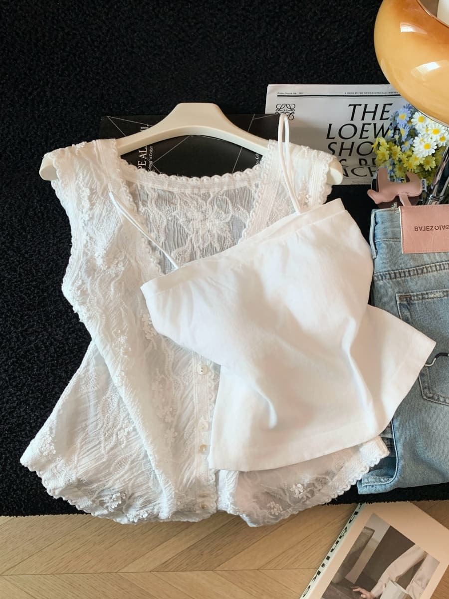 조수 브랜드 프랑스식 니트 홀로우 아웃 V넥 오픈 가디건 조끼 여성 단추 디자인 민소매 인사이드 가져 가라. 레이스 맨위 외출용 이미지 5
