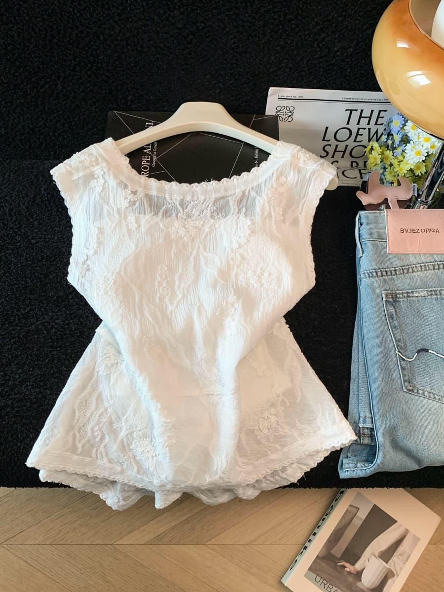 조수 브랜드 프랑스식 니트 홀로우 아웃 V넥 오픈 가디건 조끼 여성 단추 디자인 민소매 인사이드 가져 가라. 레이스 맨위 외출용 상세 이미지 9