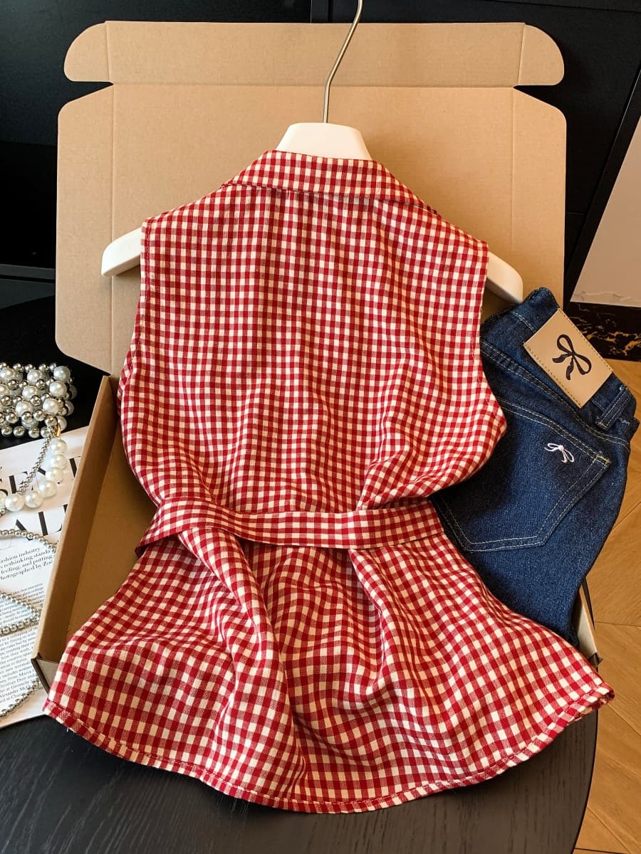 항구 바람 레트로 체크무늬 스탠드 칼라 V넥 민소매 여성 셔츠 여름 새로운 불규칙 스트랩 외국 가스 허리 수축 맨위 상세 이미지 16