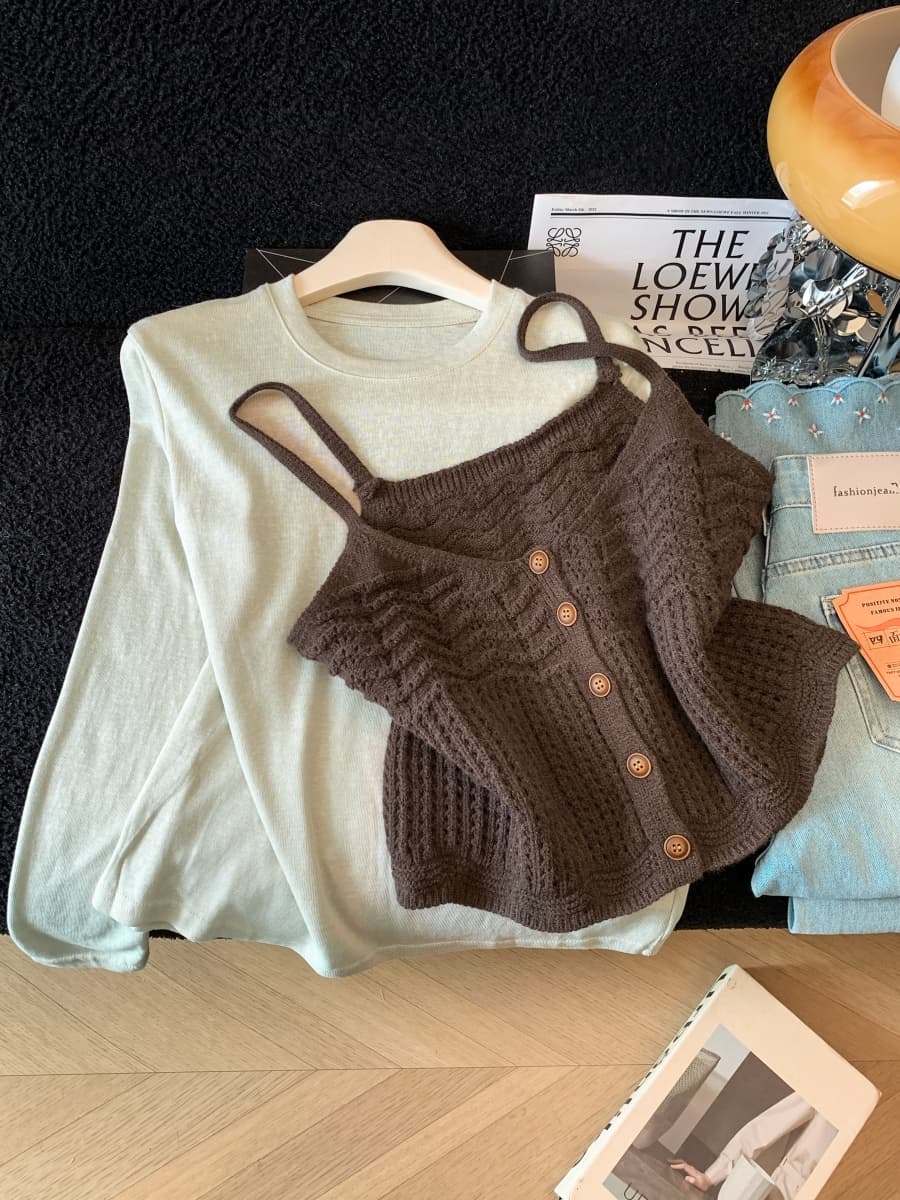 부드러운 찹쌀 달콤함 홀로우 아웃 스택 착용 니트 캐미솔 가을 2026 패션 라운드 넥 긴팔 티셔츠 투피스 세트 상세 이미지 9