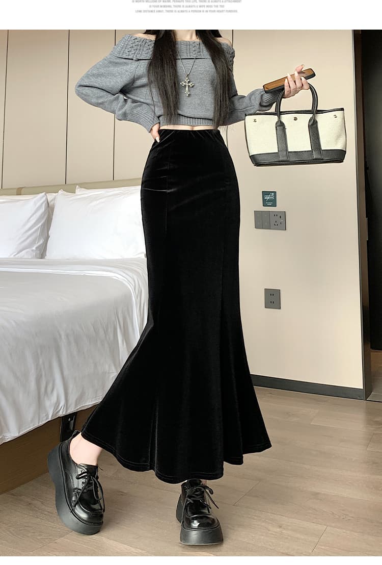 고급 벨벳 부드러운 바닥 프로 피부 플러스 두꺼운 원단 반신 타이트 스커트 인어 꼬리 롱 스커트 허리밴드 가을 겨울 중간 길이 스커트 상세 이미지 12