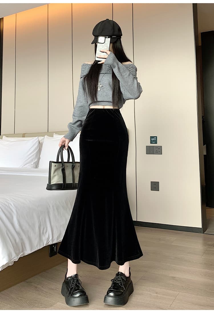 고급 벨벳 부드러운 바닥 프로 피부 플러스 두꺼운 원단 반신 타이트 스커트 인어 꼬리 롱 스커트 허리밴드 가을 겨울 중간 길이 스커트 상세 이미지 15