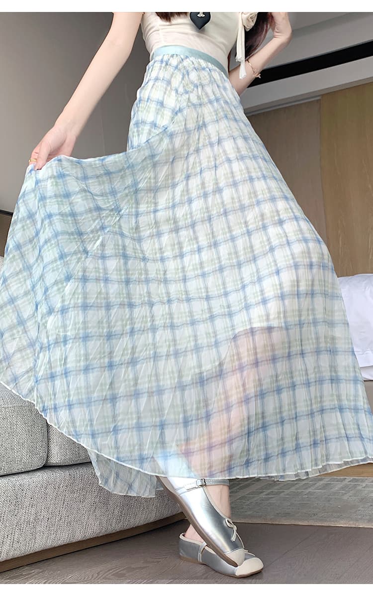 실사 프랑스식 체크무늬 망사 반신 스커트 여성 허리밴드 도루 센스 중간 길이 스커트 한 마디 쉬폰 롱 스커트 상세 이미지 32