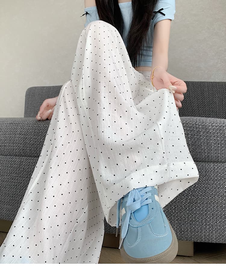 실사 저항 주름 아마 와이드 레깅스 바지 2026 여름 얇은 스타일 마 재료 캐주얼 작은 도트 무늬 루즈핏 도루 센스 얇고 가벼운 긴 바지 상세 이미지 16
