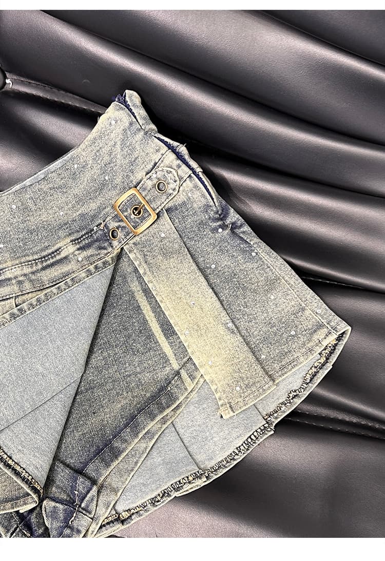 실사 2026 아메리칸 순수한 욕망 바람 핫걸 디자인 센스 신축성 핫픽스 데님 케이크 플리츠 반신 스커트 바지 상세 이미지 12