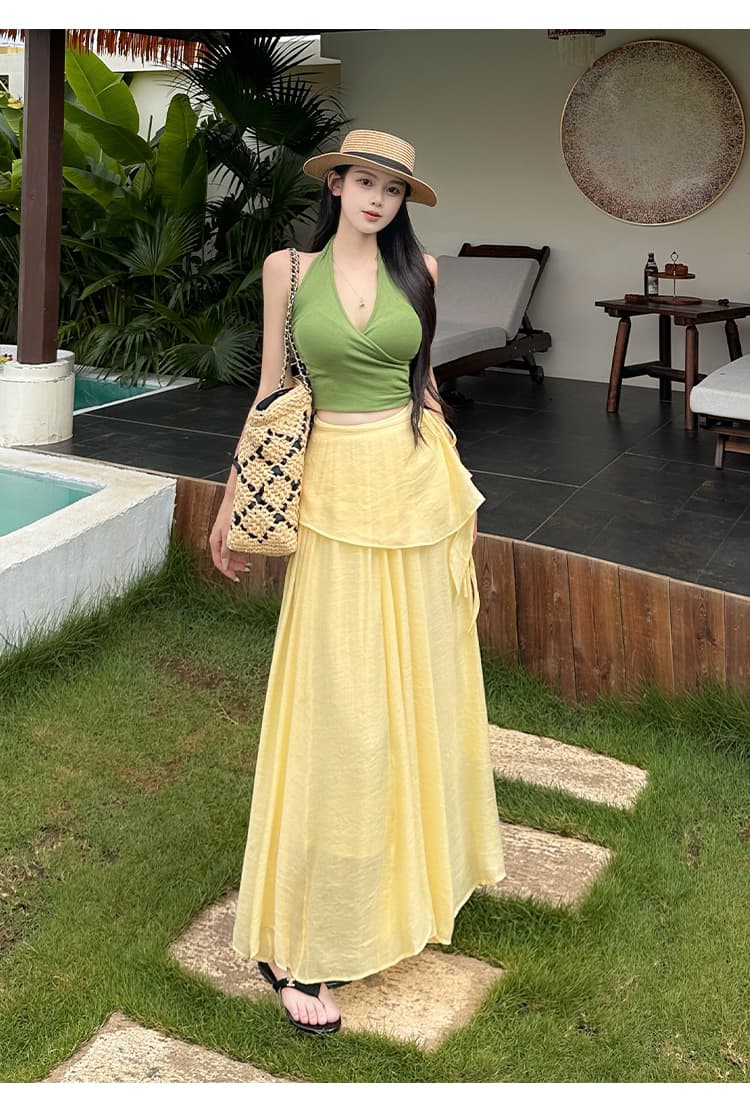 면 린넨 랩스커트팬츠 레이스업 반신 스커트 프릴 빅 플레어 스커트 하이웨이스트 품격 한 마디 롱 코트 표지 십자가 플리츠 우산 치마 상세 이미지 18
