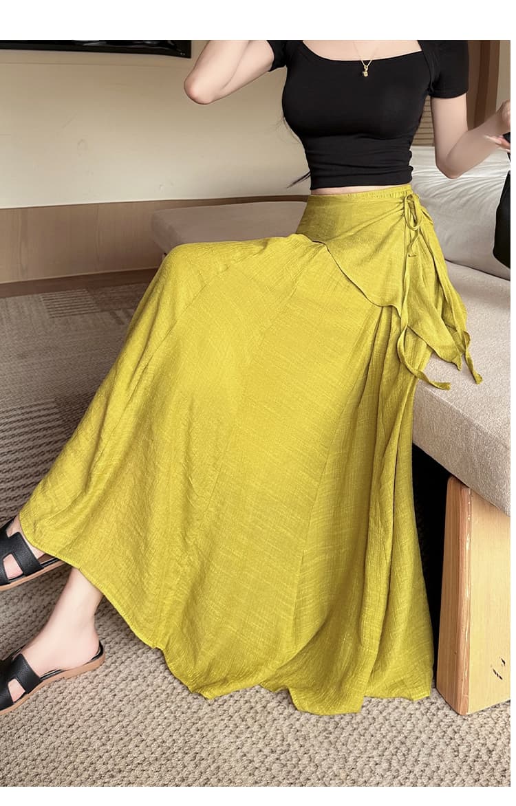 면 린넨 랩스커트팬츠 레이스업 반신 스커트 프릴 빅 플레어 스커트 하이웨이스트 품격 한 마디 롱 코트 표지 십자가 플리츠 우산 치마 상세 이미지 29