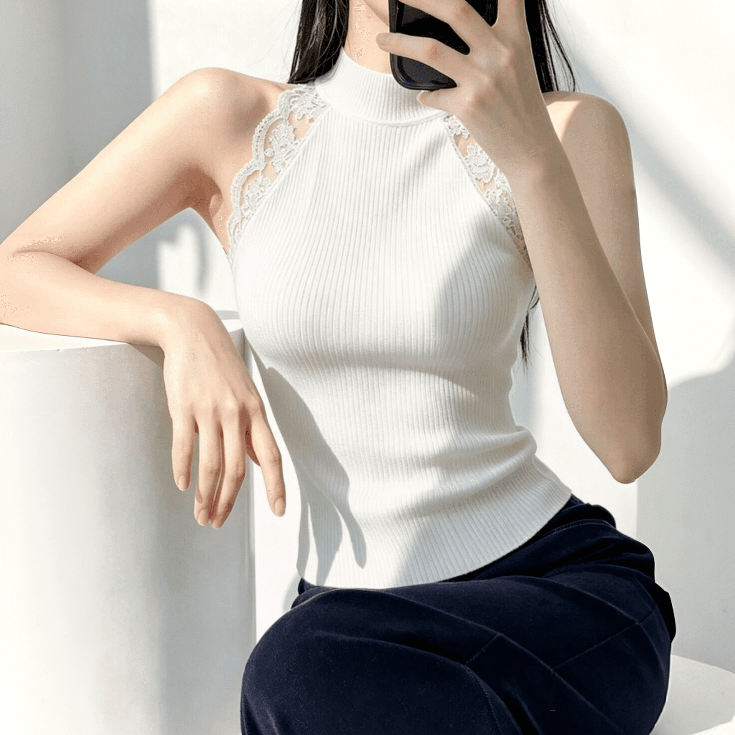 실사 한 부서 레이스 조각 민소매 행침 목 조끼 여성 여름 디자인 센스 몸매 가꾸기 슬림해 보이는 핫걸 백리스 외출용