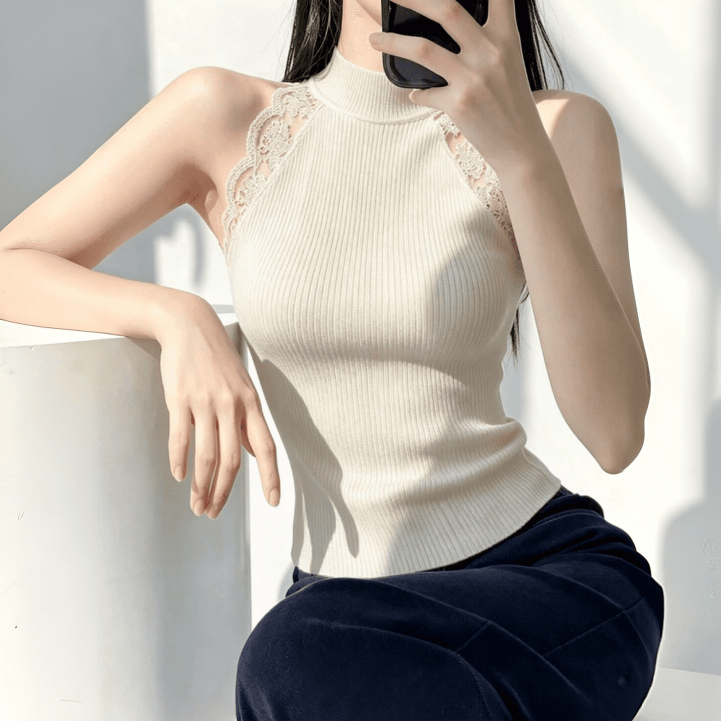 실사 한 부서 레이스 조각 민소매 행침 목 조끼 여성 여름 디자인 센스 몸매 가꾸기 슬림해 보이는 핫걸 백리스 외출용 이미지 3