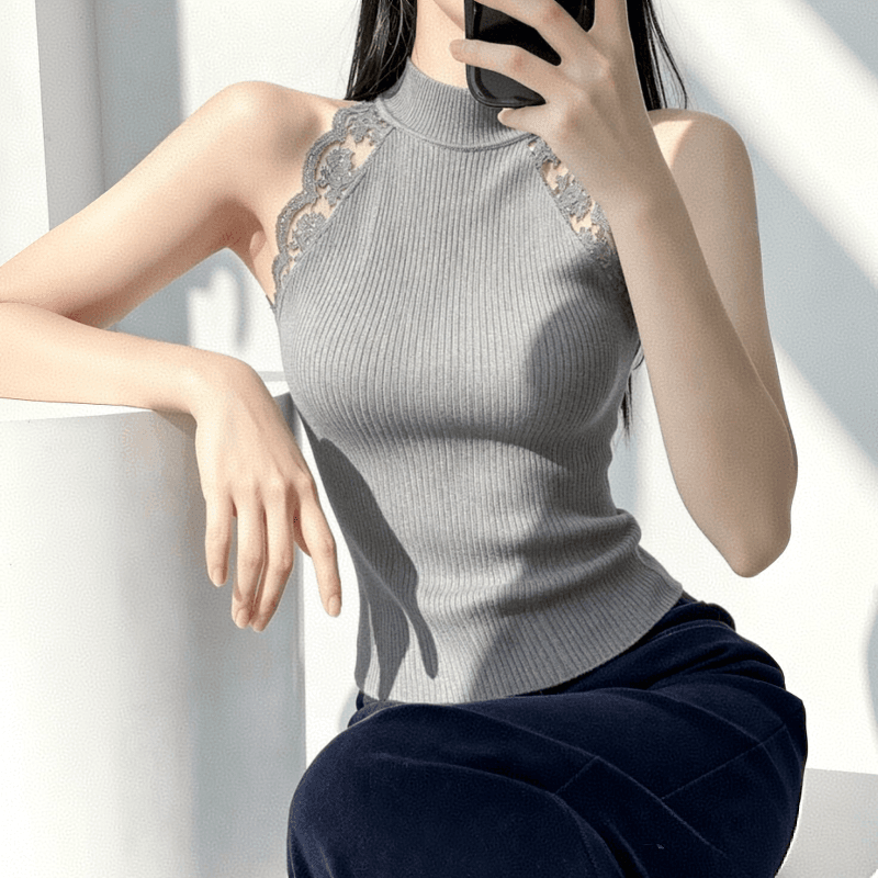 실사 한 부서 레이스 조각 민소매 행침 목 조끼 여성 여름 디자인 센스 몸매 가꾸기 슬림해 보이는 핫걸 백리스 외출용 이미지 5