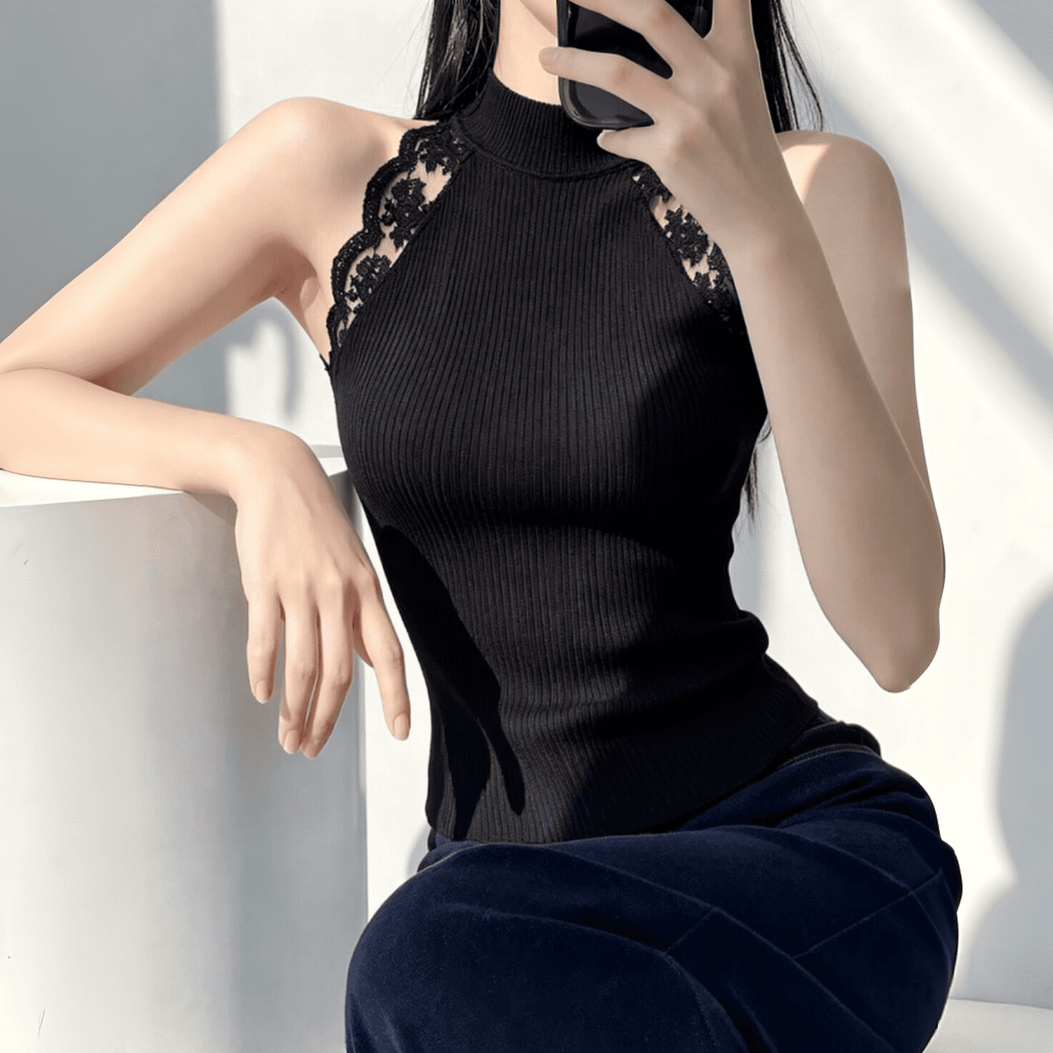 실사 한 부서 레이스 조각 민소매 행침 목 조끼 여성 여름 디자인 센스 몸매 가꾸기 슬림해 보이는 핫걸 백리스 외출용 상세 이미지 3