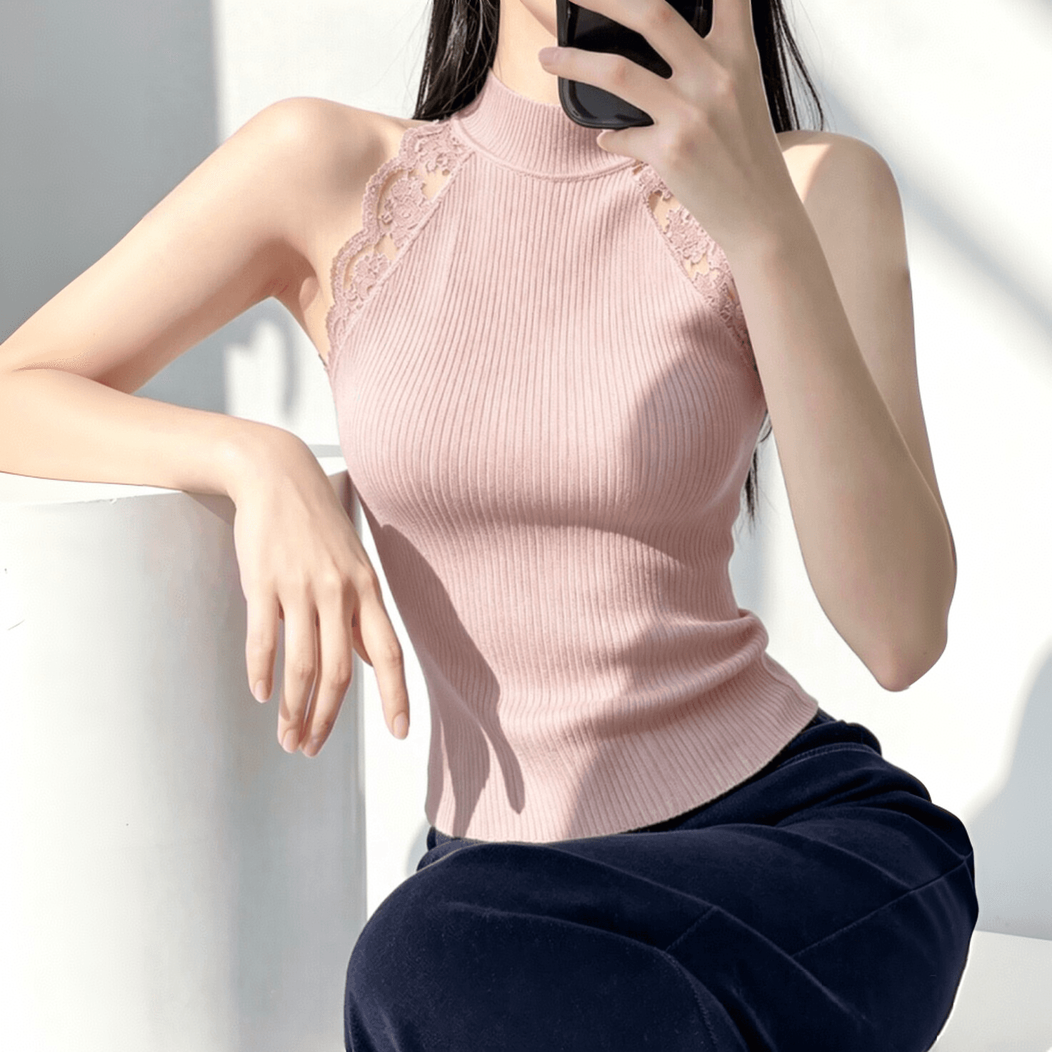 실사 한 부서 레이스 조각 민소매 행침 목 조끼 여성 여름 디자인 센스 몸매 가꾸기 슬림해 보이는 핫걸 백리스 외출용 상세 이미지 8
