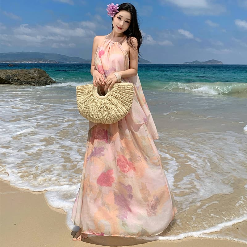스팟 실제 촬영 새로운 중국어 헤일로 염색 해변가 휴가 느슨한 슬링 여자 부드러운 기질 게으른 롱 스커트 정장 이미지 3