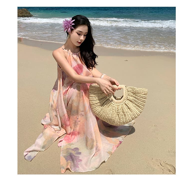 스팟 실제 촬영 새로운 중국어 헤일로 염색 해변가 휴가 느슨한 슬링 여자 부드러운 기질 게으른 롱 스커트 정장 상세 이미지 11