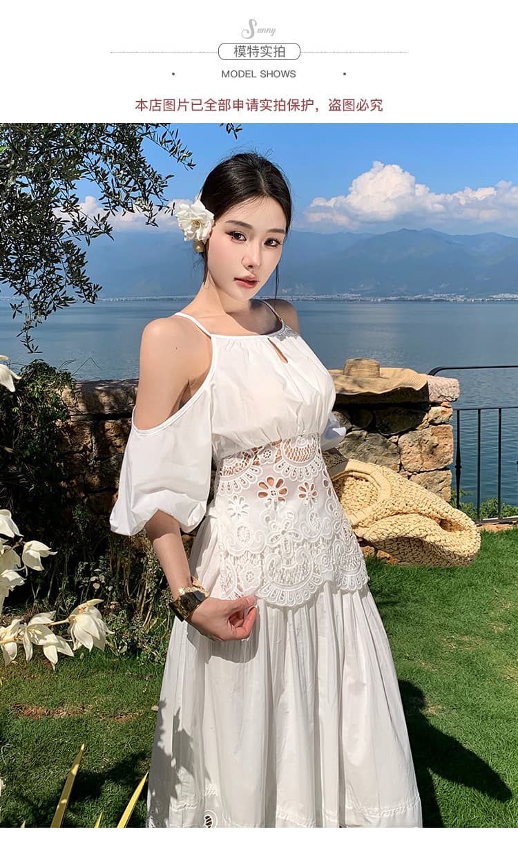 실사 화이트 레이스 홀로우 아웃 포지셔닝 자수 행침 목 오프숄더 맨위 홀로우 아웃 플리츠 반신 스커트 투피스 세트 상세 이미지 11