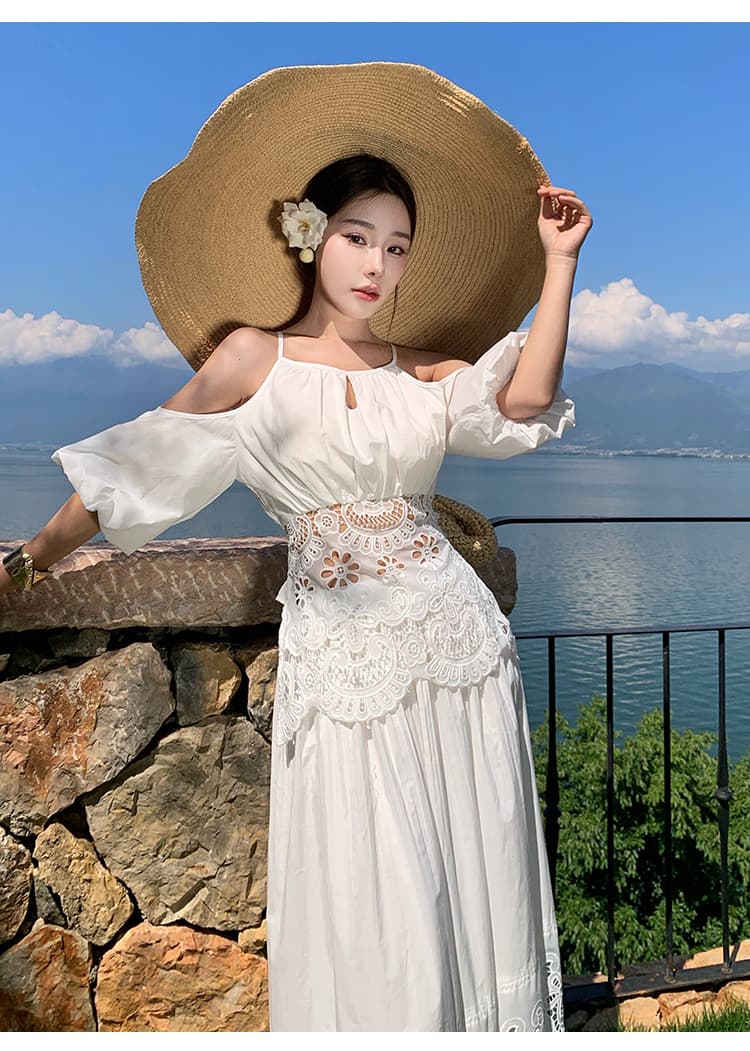 실사 화이트 레이스 홀로우 아웃 포지셔닝 자수 행침 목 오프숄더 맨위 홀로우 아웃 플리츠 반신 스커트 투피스 세트 상세 이미지 16