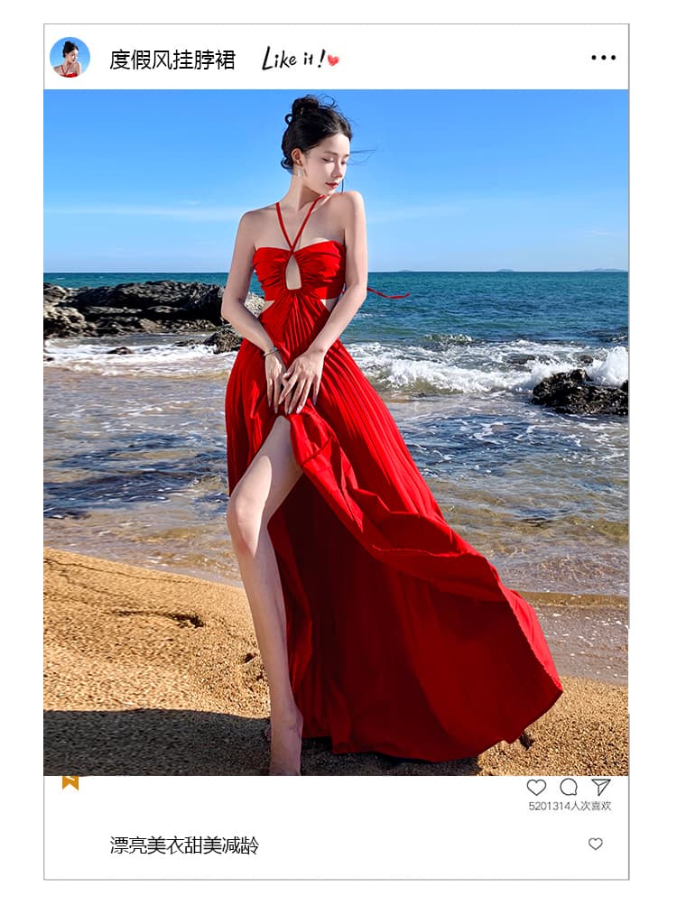 실사 빨간색 해변 드레스 여성 해변가 휴가 슈퍼 요정 큰 진자 섹시함 프랑스식 행침 목 슬립 드레스 상세 이미지 4