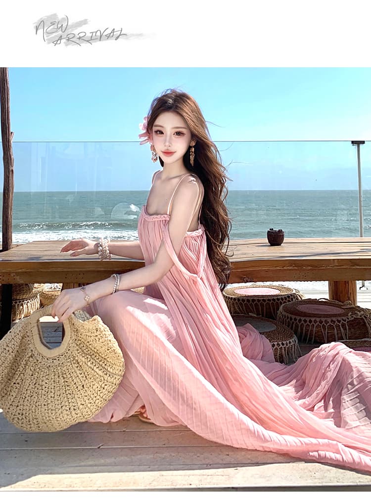 실사 플리츠 튜브탑 오프숄더 리본 슈퍼 요정 큰 진자 요정 롱 스커트 분위기 센스 섬 휴가 바람 치마 상세 이미지 12