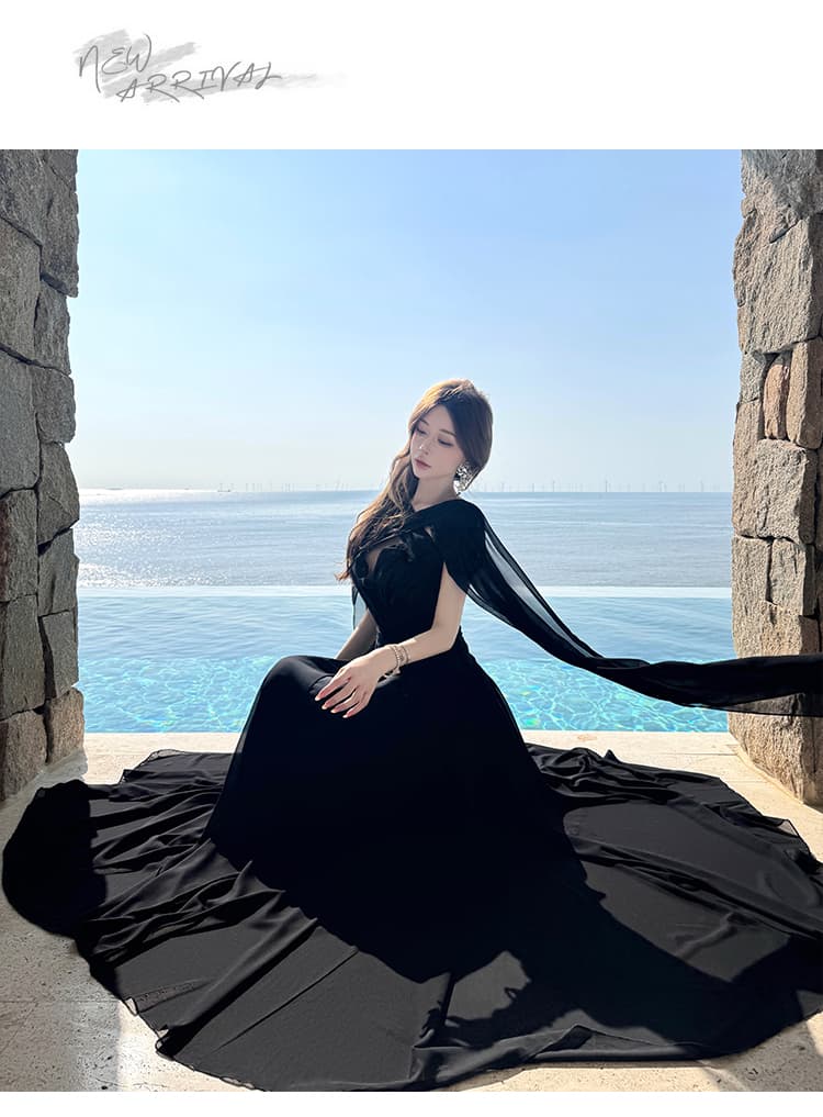실사 프랑스식 섹시함 검정색 백리스 리본 드레스 품격 연회 예복 치마 휴가 롱 스커트 상세 이미지 12