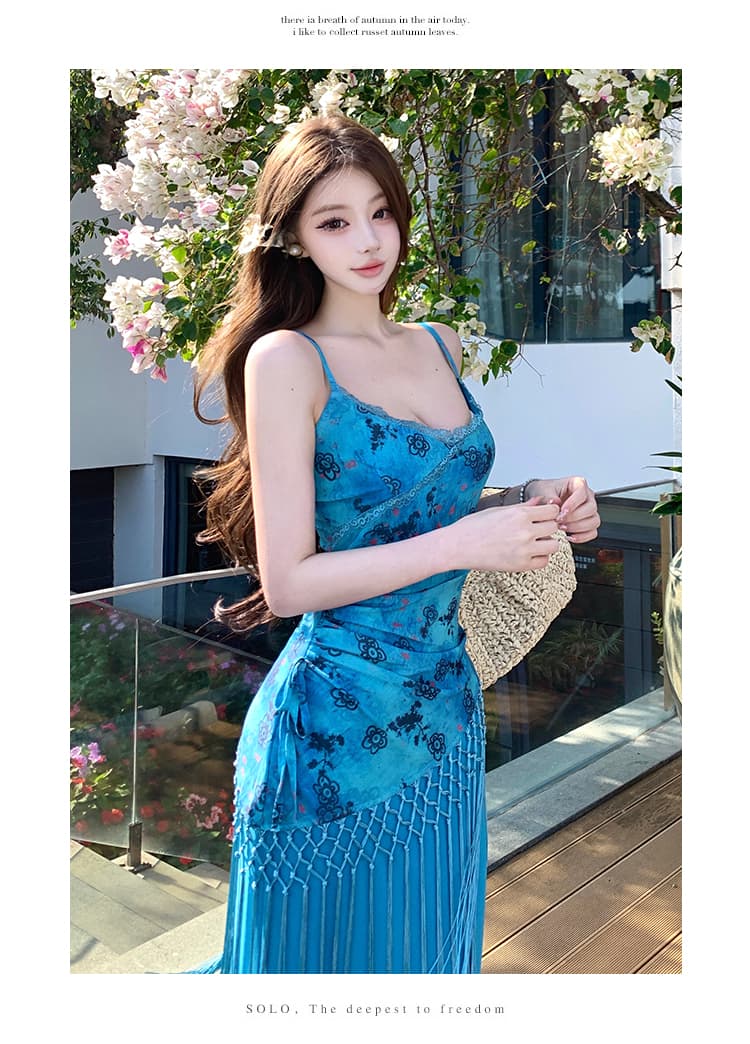 실사 해변가 휴가 파란색 여성 드레스 여름 감기 부유 한 가족 천 골드 작은 키 슬립 롱 스커트 상세 이미지 23