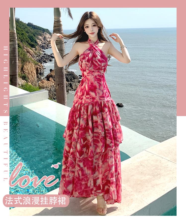 실사 프랑스식 낭만주의 핑크색 ch 아름다움 이동 꽃 행침 목 휴가 드레스 롱 스커트 상세 이미지 1