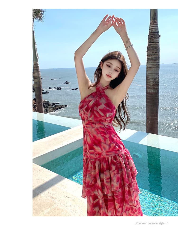실사 프랑스식 낭만주의 핑크색 ch 아름다움 이동 꽃 행침 목 휴가 드레스 롱 스커트 상세 이미지 19