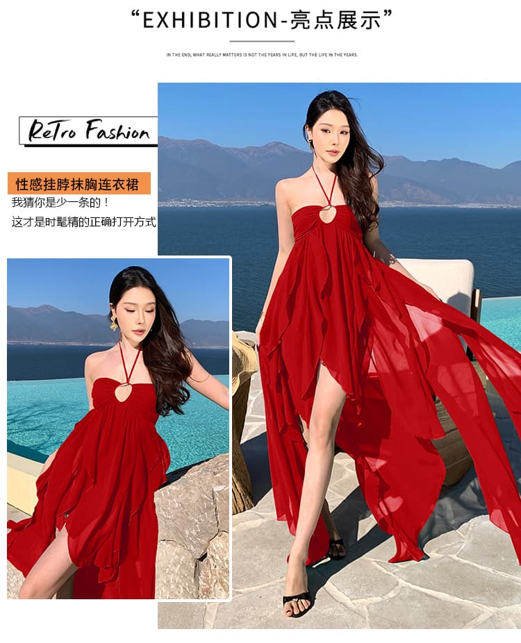 실사 불규칙 프릴 섹시함 행침 목 튜브탑 여성 드레스 섬 착용 가져 가라. 해변가 휴가 트임 롱 스커트 상세 이미지 3