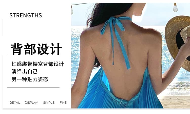 실사 파란색 디스플레이 화이트 섹시함 백리스 행침 목 루즈핏 플리츠 불규칙 롱 코트 드레스 상세 이미지 6