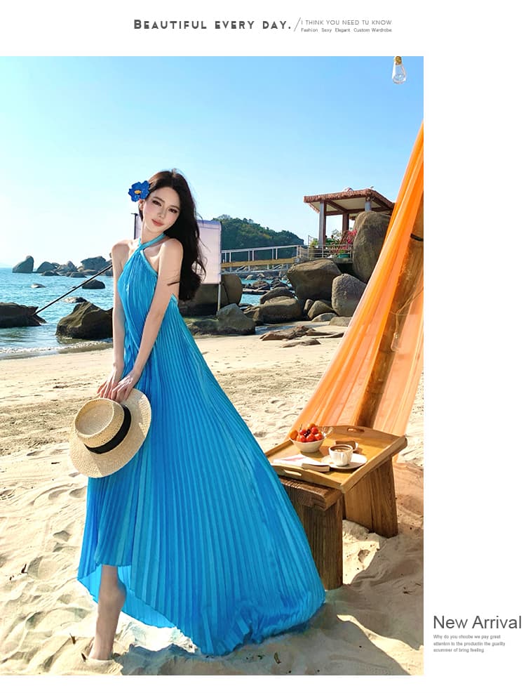 실사 파란색 디스플레이 화이트 섹시함 백리스 행침 목 루즈핏 플리츠 불규칙 롱 코트 드레스 상세 이미지 13