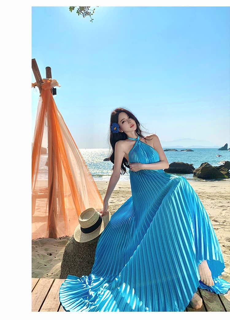 실사 파란색 디스플레이 화이트 섹시함 백리스 행침 목 루즈핏 플리츠 불규칙 롱 코트 드레스 상세 이미지 14