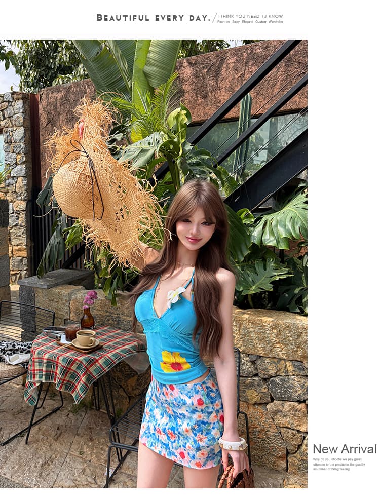 실사 프린트 V넥 행침 목 조끼 여성 허리 수축 슬림해 보이는 꽃무늬 쇼트 스타일 한 마디 반신 스커트 휴가 착용 가져 가라. 상세 이미지 27