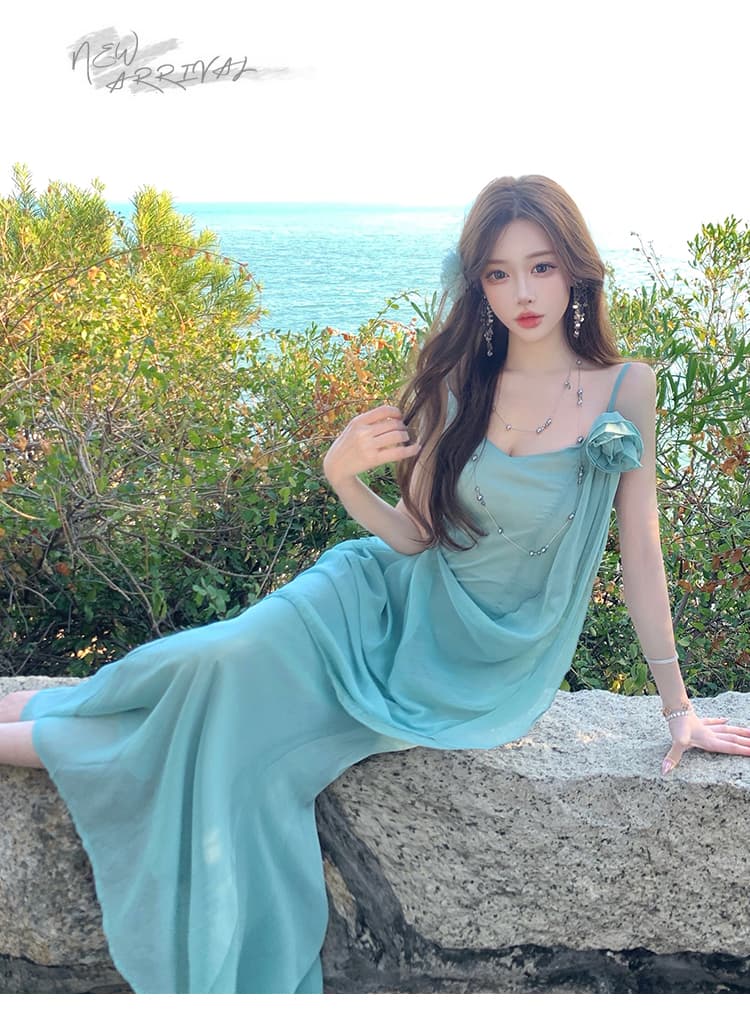실사 박하 녹색 그리스 바람 슬립 리본 펌프 Pleat 여성 드레스 상세 이미지 14