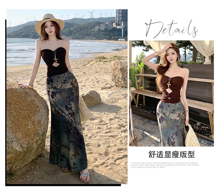 실사 사막 불모지 바람 착용 가져 가라. 몸매 가꾸기 하이웨이스트 레트로 롱 코트 반신 치마 핫걸 튜브탑 조끼 세트 상세 이미지 4