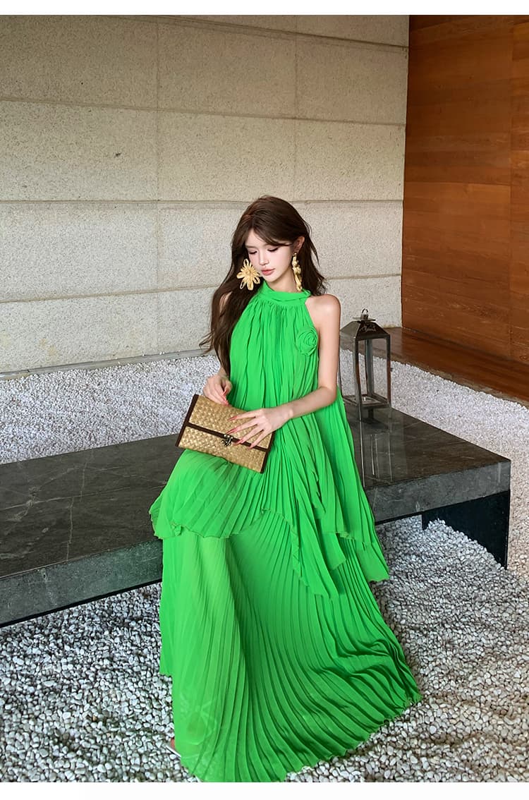 실사 해변가 휴가 쉬폰 롱 스커트 프랑스식 슈퍼 요정 녹색 플리츠 반신 스커트 투피스 슈트 드레스 상세 이미지 23