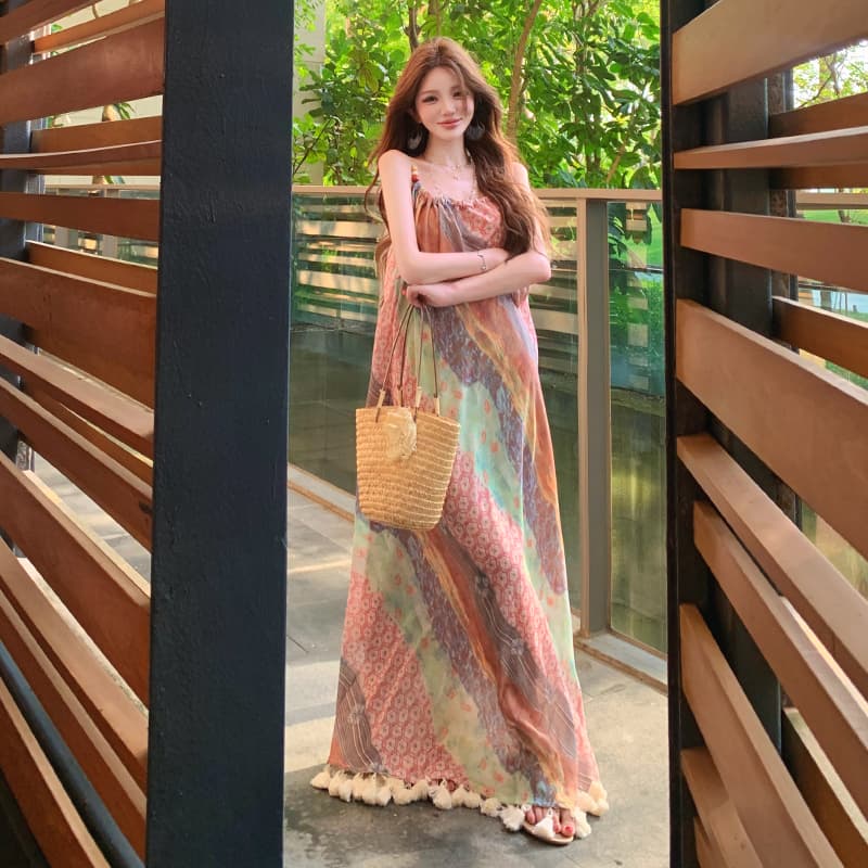 실사 프랑스식 섬 휴가 바람 스트라이프 프린트 술 슬립 드레스 롱 스커트