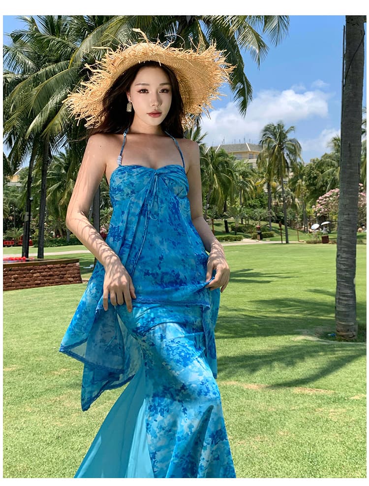 실사 파란색 품격 휴가 섬 디스플레이 화이트 슬림해 보이는 행침 목 슬립 인어 꼬리 롱 스커트 상세 이미지 17