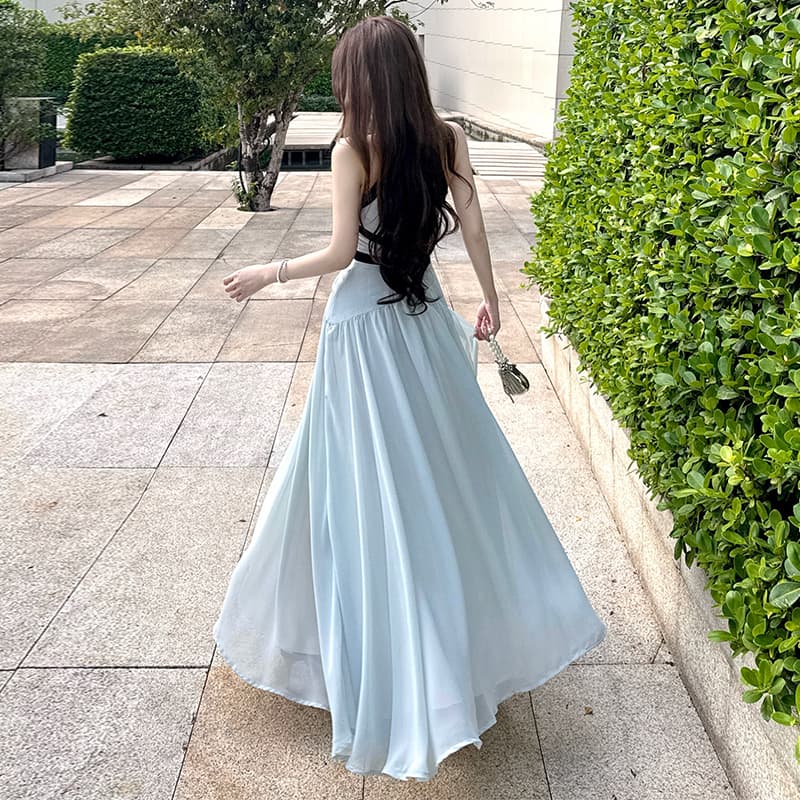 실사 행침 목 배색 민소매 큰 진자 여성 드레스 여름 한 부서 몸매 가꾸기 슬림해 보이는 한 마디 롱 스커트 이미지 5