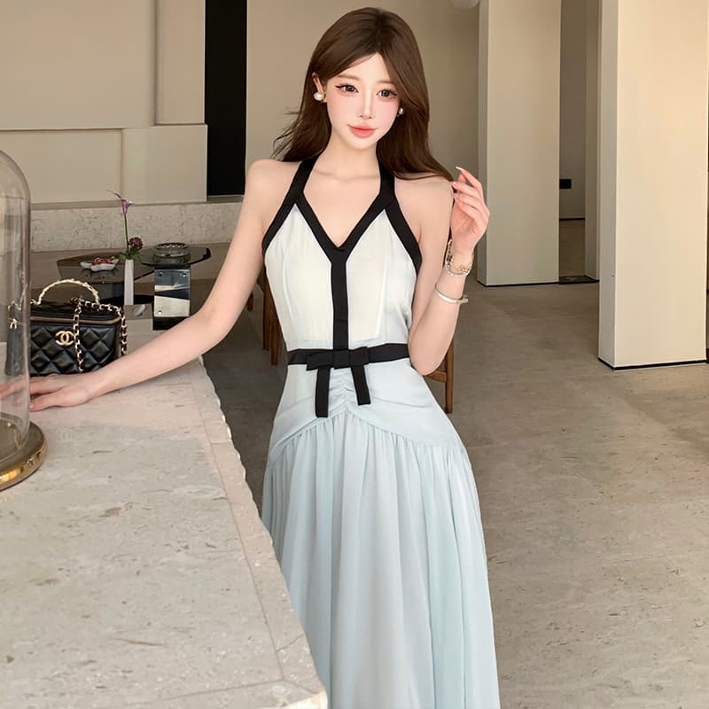 실사 행침 목 배색 민소매 큰 진자 여성 드레스 여름 한 부서 몸매 가꾸기 슬림해 보이는 한 마디 롱 스커트 이미지 6