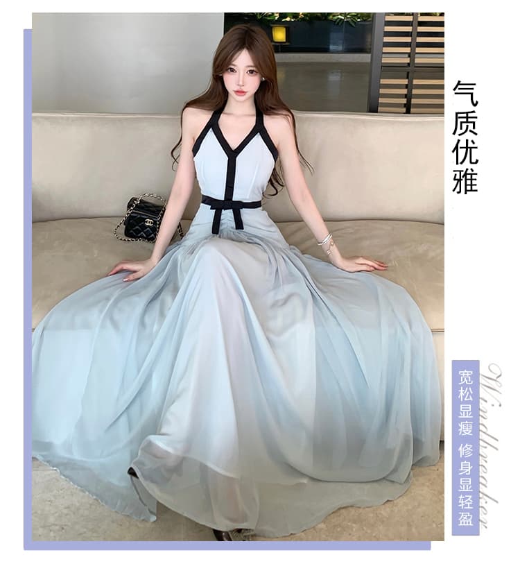 실사 행침 목 배색 민소매 큰 진자 여성 드레스 여름 한 부서 몸매 가꾸기 슬림해 보이는 한 마디 롱 스커트 상세 이미지 4